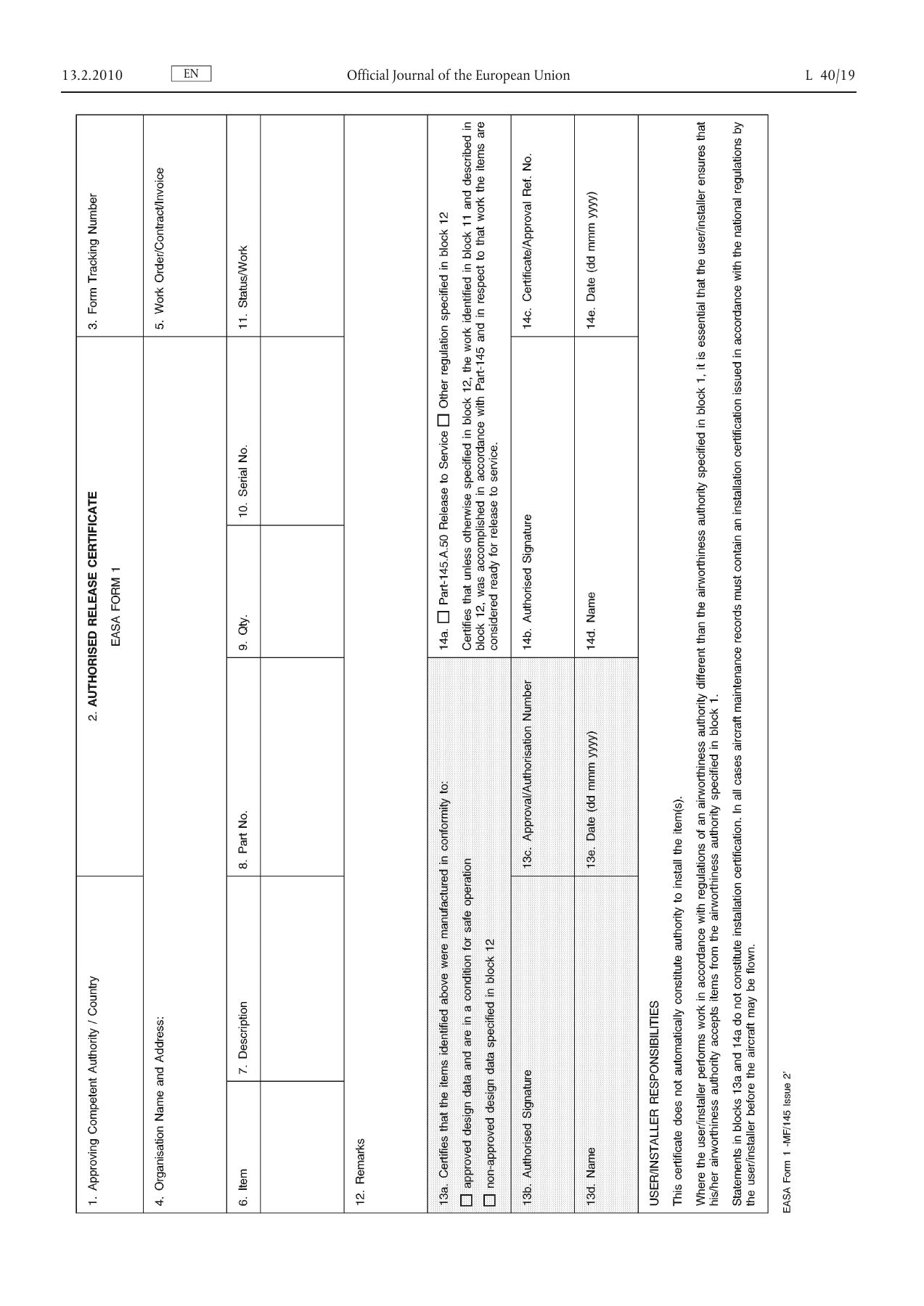 Official EASA Form 1 template, preserving all original numbered boxes