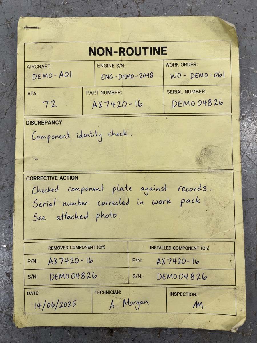 Anonymized paper maintenance work card